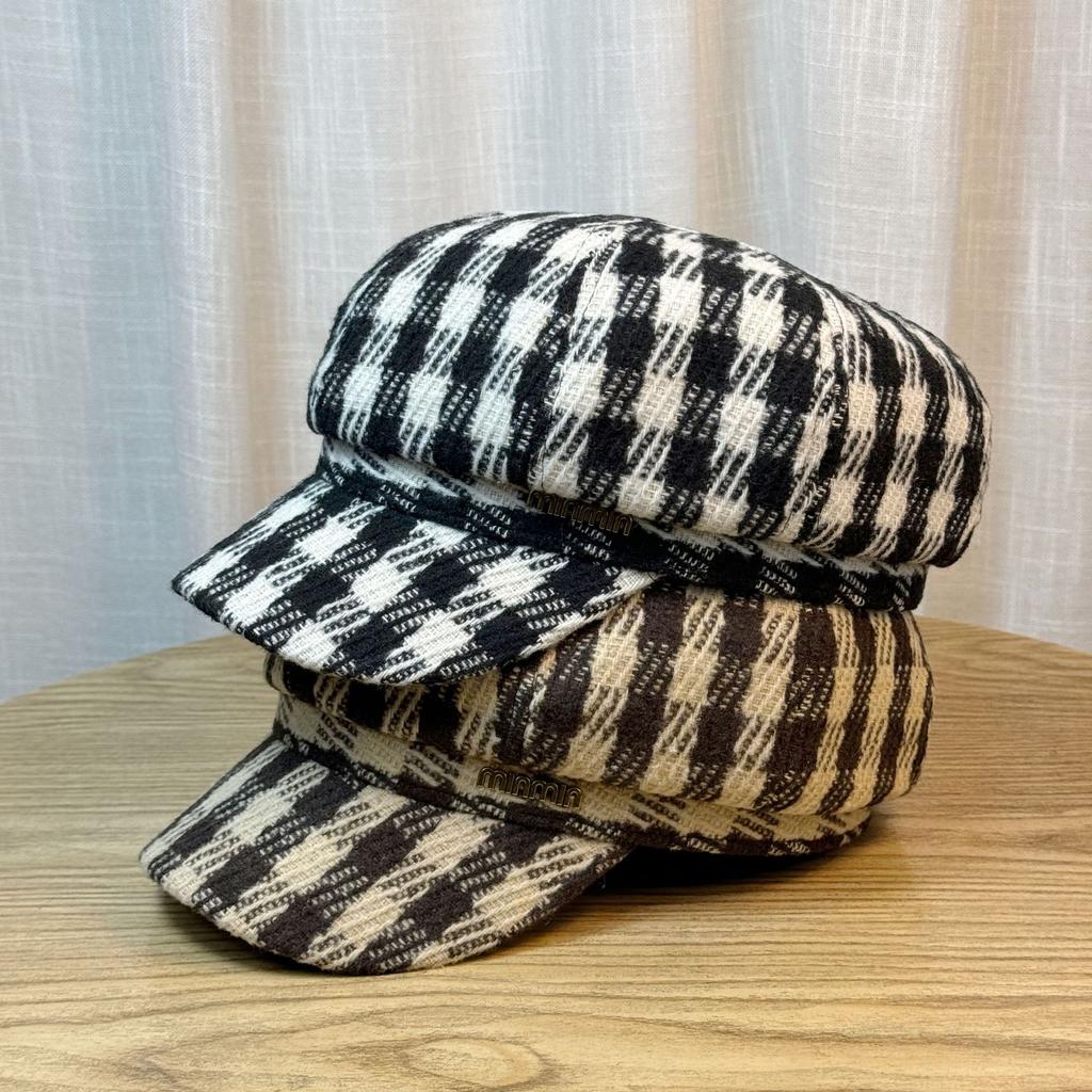Plaid Octagonal Hat Autumn and Winter New Hat Female Painter Hat British Korean Version Trendy Beret Soft Top Short Brim Peaked Hat