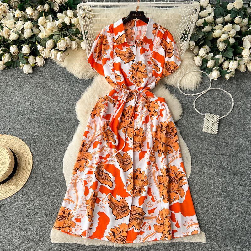 Elegant Dress Women's Summer Dress New Arrival Elegance Print Shirt Skirt Stylish Pocket Waist-Tight Single-Breasted Dress