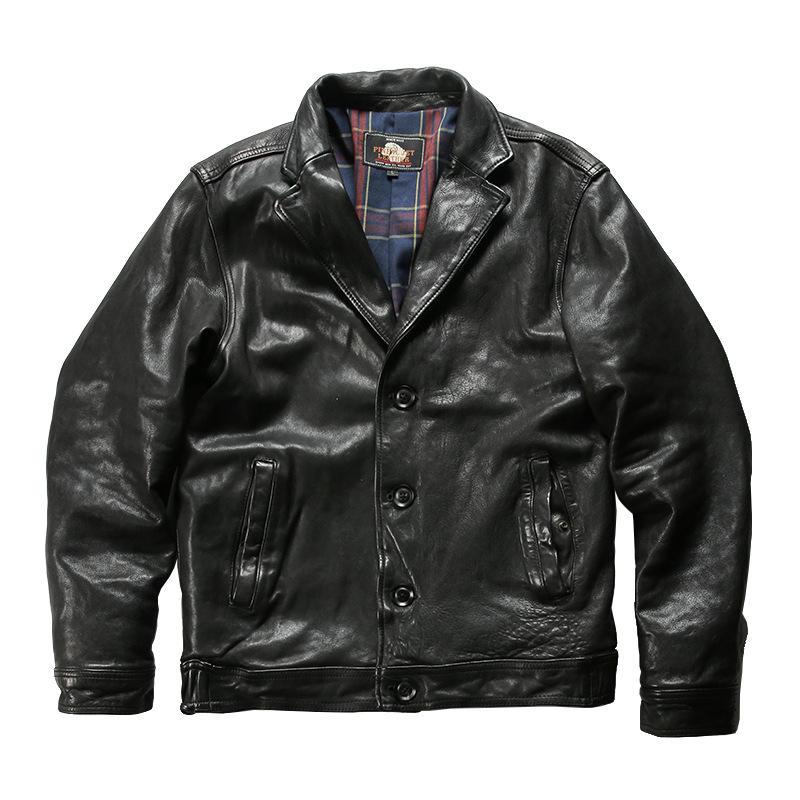 American casual heavy wash pleated four-button leather small suit lapel full vegetable tanned sheepskin leather jacket