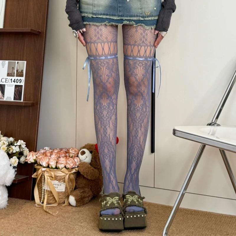 2025 Y2K Lolita Women Lace Up Tights Classic Lace Mesh Hollow Out Stocking Bottomed Pantyhose Retro Rattan Stocking