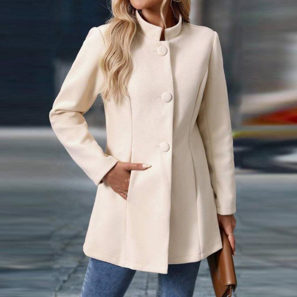 Damen Casual Stehkragen Langer Einfarbiger Wollmantel mit Langen Ärmeln