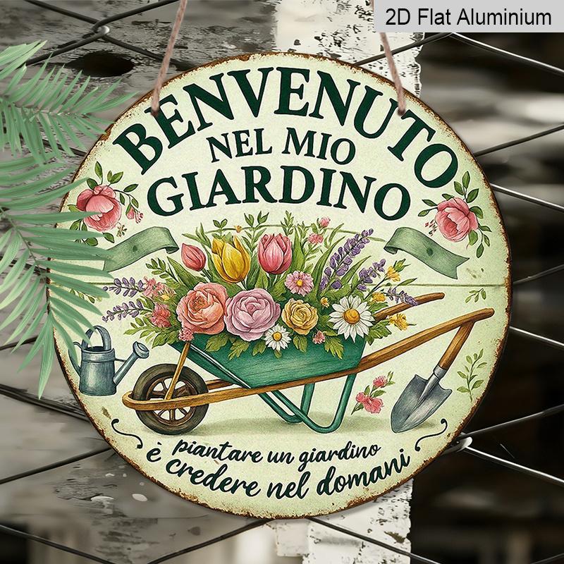 2D Flat, 1pc 7.87x7.87 Inch Round Italian Aluminum Sign, Vintage Decorative Plaque with "Welcome to My Garden" Design, Garden Theme, Suitable for