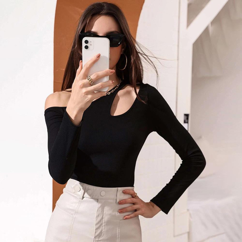 Autumn And Winter New Stock Sexy Hollow Waist Casual Long Sleeved Women'S T-Shirt Top