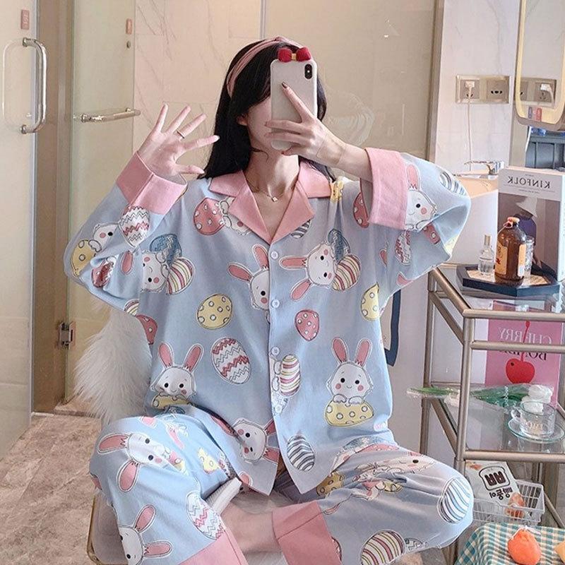 Spring and Autumn New High-end Imitation Cotton Pajamas Women's Summer Long-sleeved Trousers Set Women's Loose Large-size Loungewear