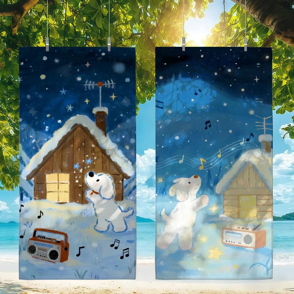 Cute Dog And Snow Towel For Swim Yoga Gym Quick Drying Soft and Skin-friendly Beach Towels All-Season