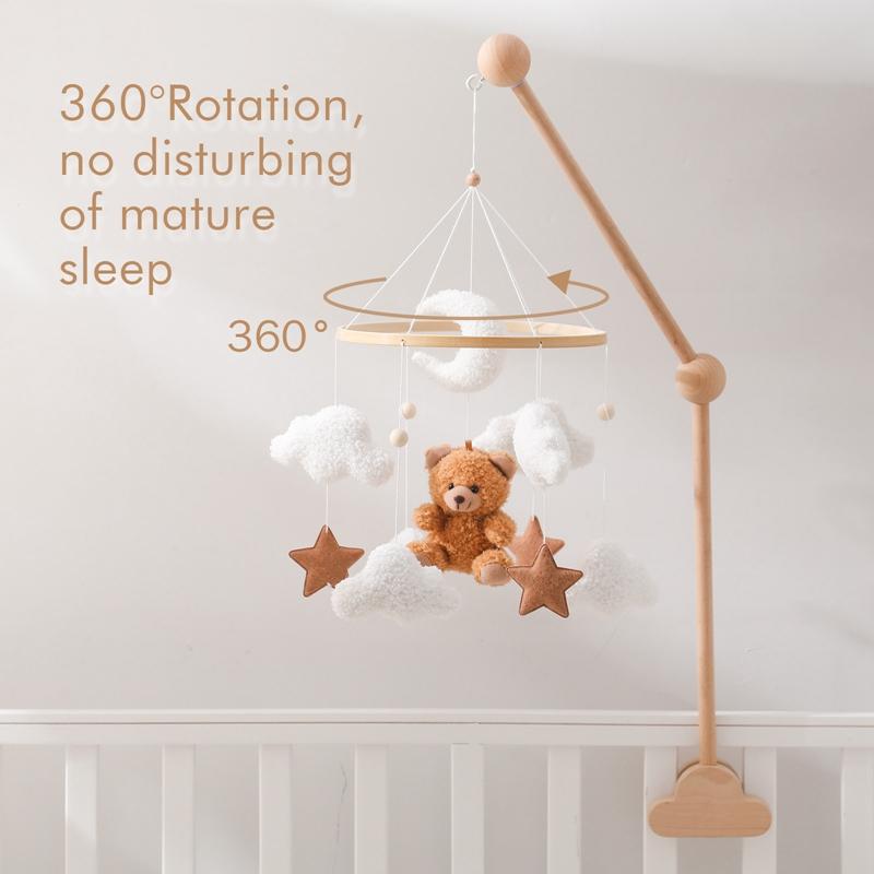 Wooden Crib Mobile Baby Bed Bell Rattle Toy Soft Felt Cartoon Bear Mobile Hanging Newborn Music Box Bed Bell Hanging Bracket Toy