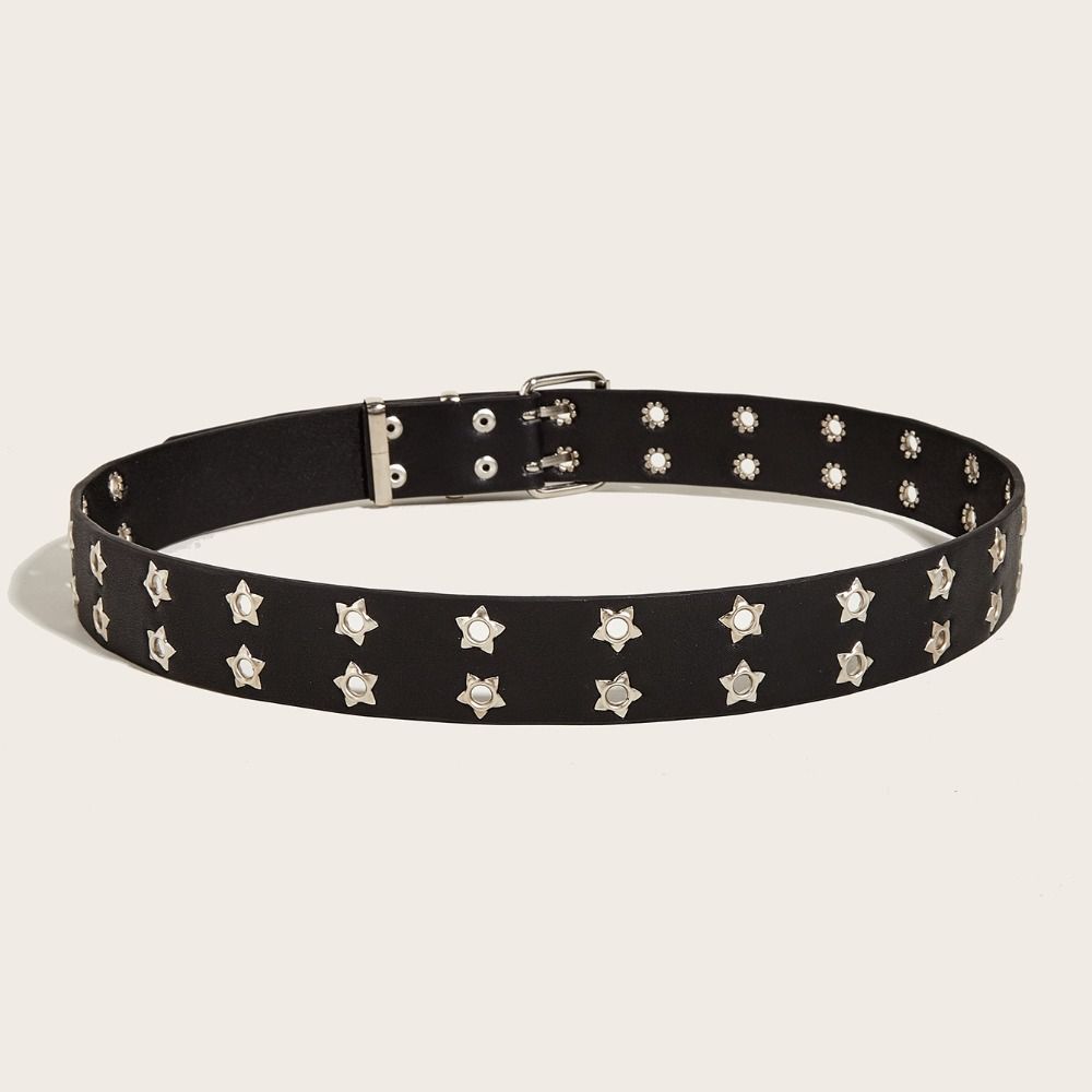 Star Eyelet Gothic Leather Belt Hip Hop Double Pin Buckle Waistband Y2k Waist Band