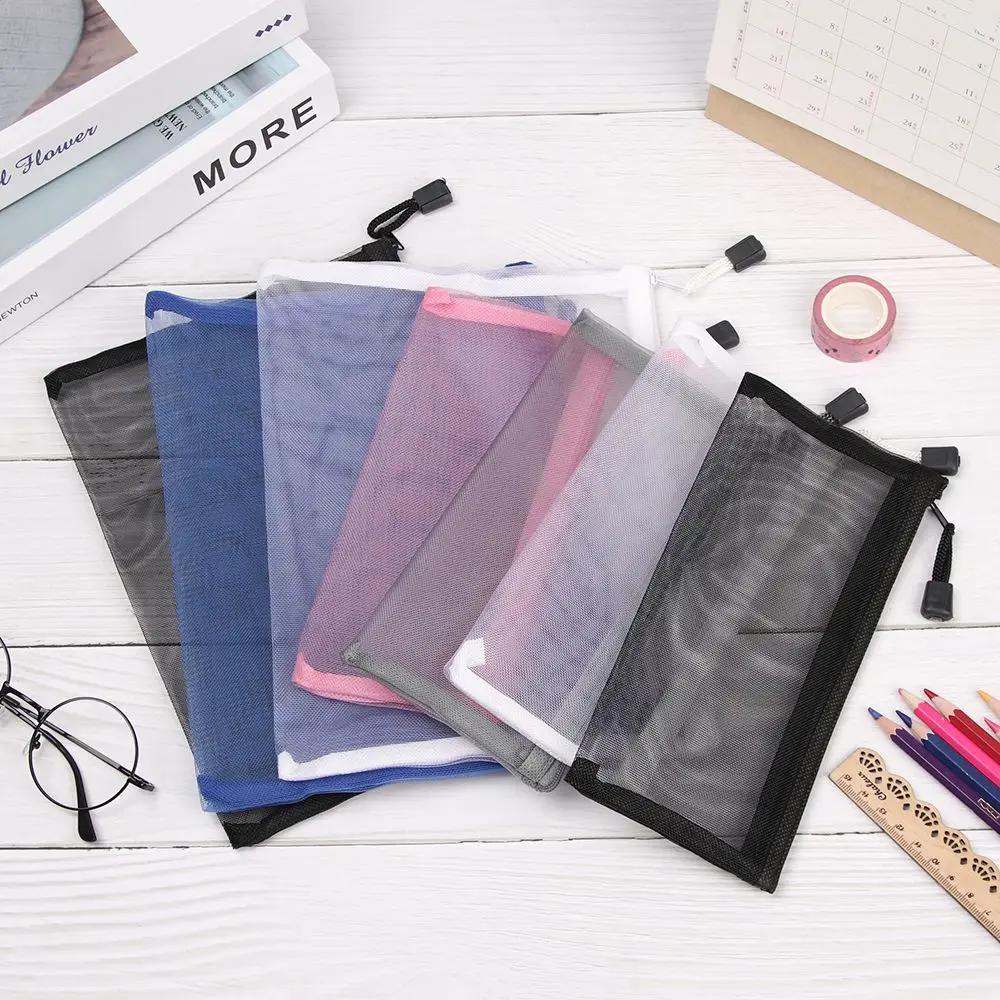 Nylon Zipper Pencil Case Mesh Pen Bag Makeup Cosmetic Storage Transparent Grid Coin Purse Solid Color Fashion Gifts Supplies