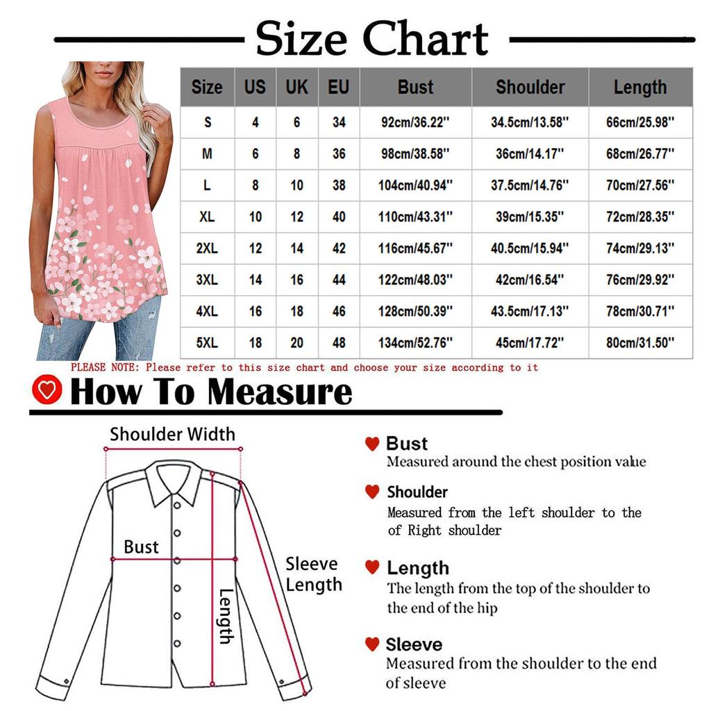 Ladies Casual Plus Size Loose Tank Top Flower Print Sleeveless Pleated T-Shirt
