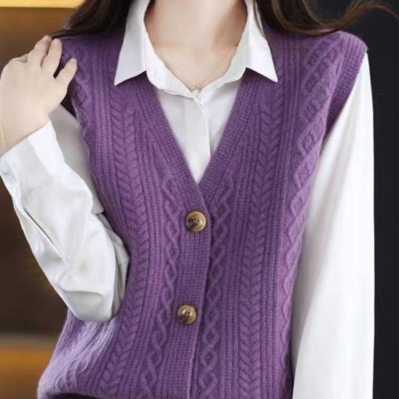 2026 Spring/Autumn Women's Korean V-neck Knit Buttoned Sleeveless Cardigan Vest
