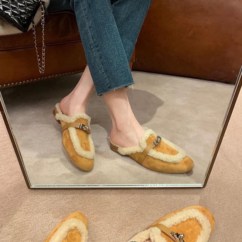 Lock bag head lamb wool slippers women's autumn and winter thick heel one pedal lazy half drag outside wear