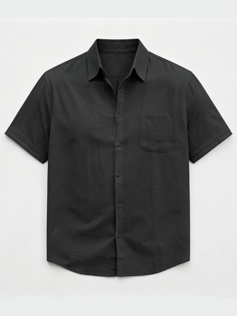 Men's Beige Cotton Linen Short Sleeve Button Up Shirt with Chest Pocket - Relaxed Summer Vacation Top