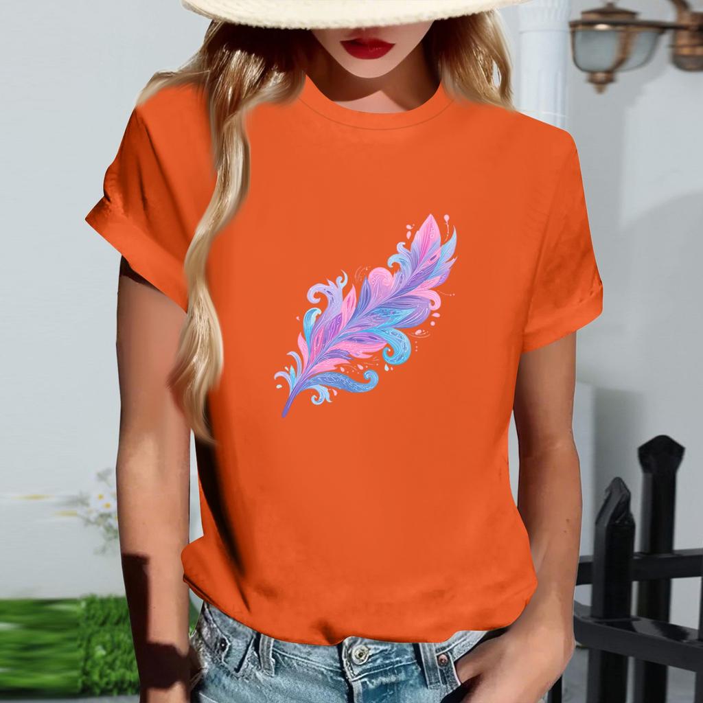 Women's Fashionable Round Neck Casual Retro Print Short Sleeved T-shirt Top