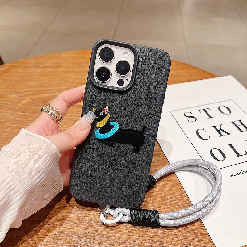 Korean Cute 3D Cartoon Embroidery Dog Lanyard Rope Phone Case For iPhone 17 16 15 14 13 11 12 Pro Max 16 Plus Funny Puppy Cover