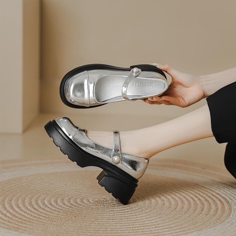 Silver Mary Jane Shoes Women's Pearl One-word Thick-soled Light-mouth Single Shoes Women's Small Fragrant Wind Round Head Thick Heel Jk Shoes