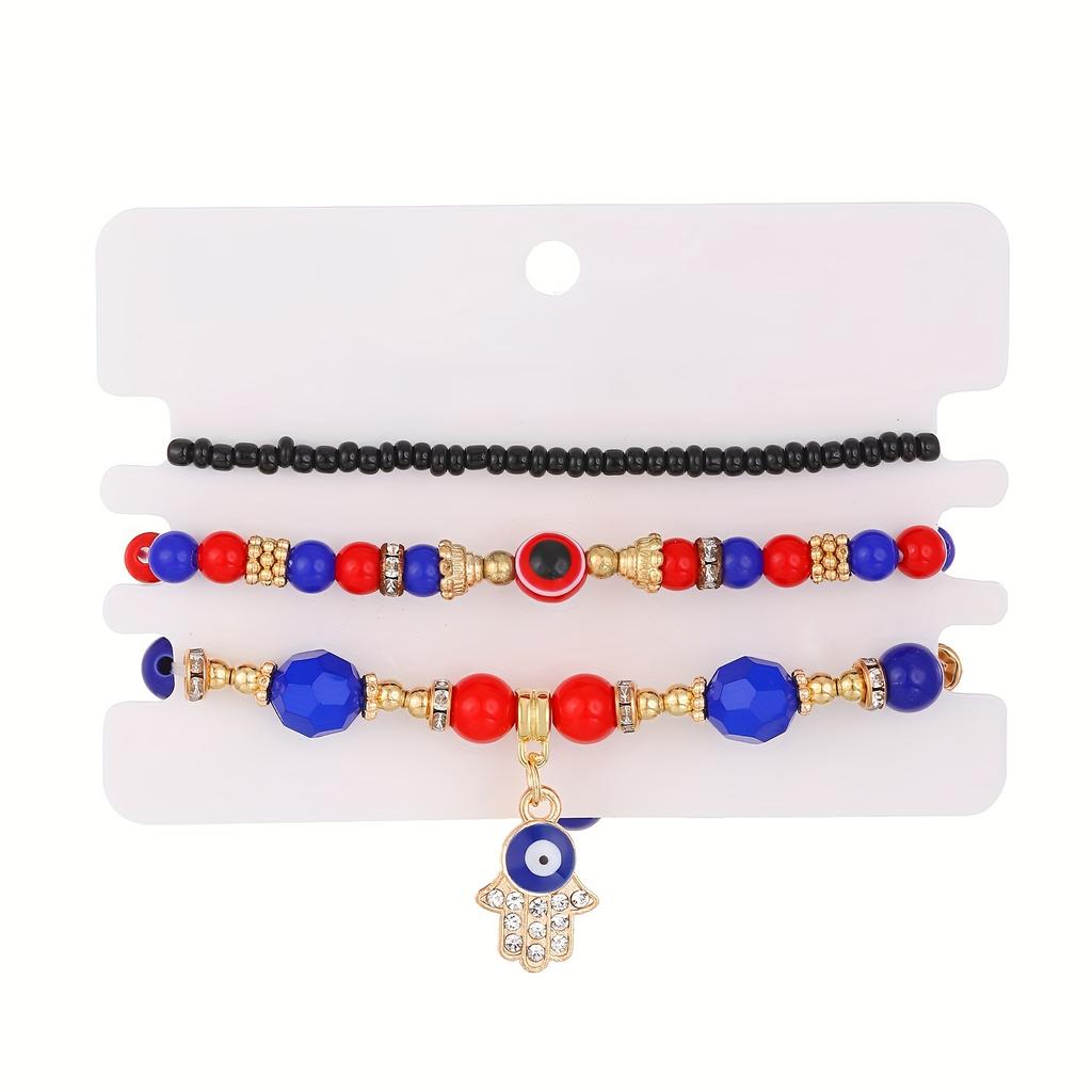 3 pcs Bohemian Style Turquoise Blue Devils Eye Beaded Anklet for women