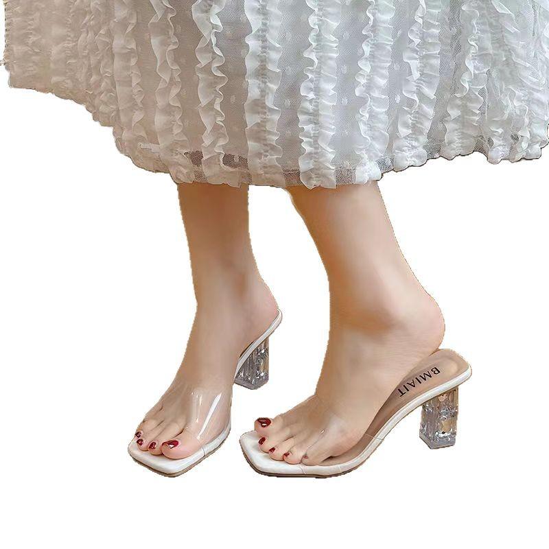 High heels slippers transparent crystal heels high heels square head lightweight high heels sandals women wear high heels cool slippers in summer