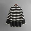 Fall Winter Lazy Wind Loose High Collar Pullover Sweater Suit Women's Stripe Long Sleeve Knit Wide Leg Pants Two Piece Set
