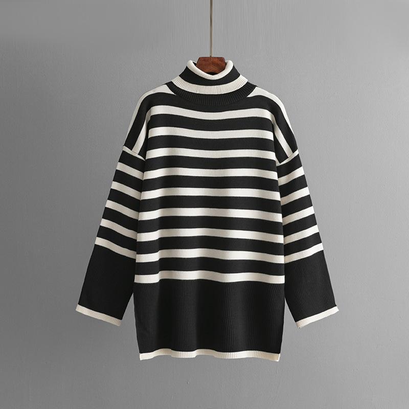 Fall Winter Lazy Wind Loose High Collar Pullover Sweater Suit Women's Stripe Long Sleeve Knit Wide Leg Pants Two Piece Set