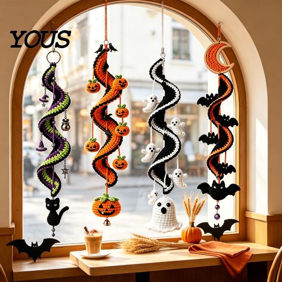 Creative Hobby Gift Halloween Spiral Crochet Hanging Ornament DIY Kit, Pumpkin Ghost Bat Family Crafting Supplies Black Cat Complete Craft,