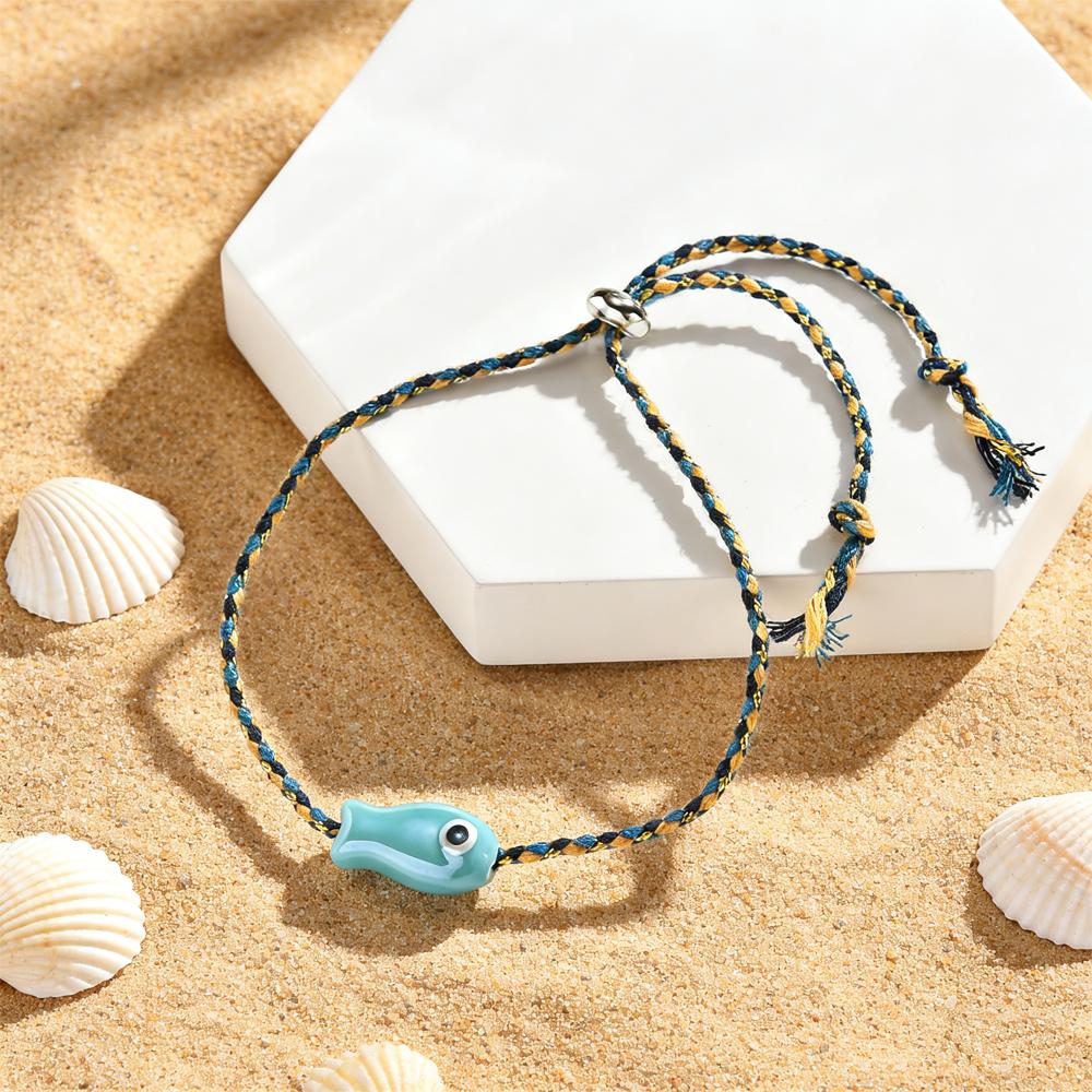 Trendy Multicolored Ceramic Fish Bracelet for Women Adjustable Handmade Woven Rope Wristband Bobo Jewelry Summer Beach Party
