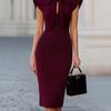 Women's Midi Dress Bow Tie Neck Cap Sleeve Bodycon Slim Fit Elegant Office Dress