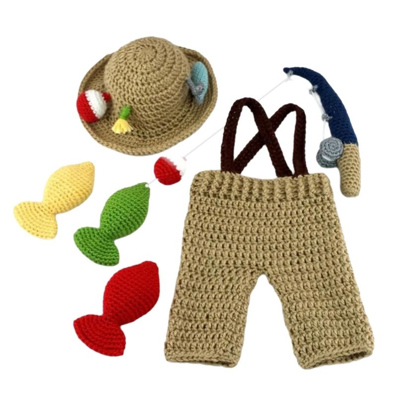 

Lovely Newborns Knitted Fishing Gear Photoshoots Clothing Set Strap Pants with Matching Hat for Memorable Baby Pictures 1