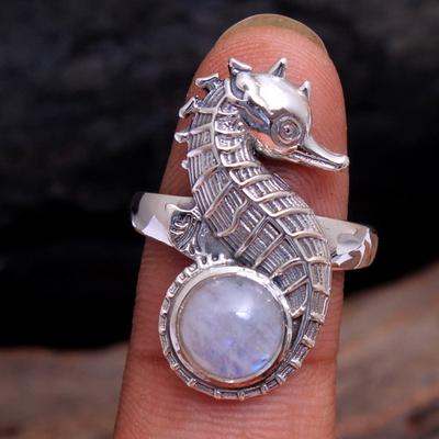 Sea Horse Ring, Moonstone Ring, 925 Sterling Silver Handmade Jewelry, Silver Ring