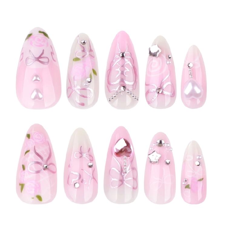 24Pcs Almond Fake Nail Press On Nail Artificial Acrylic Nail Glues On Nail Bows Heart Designs French Tips False Nail