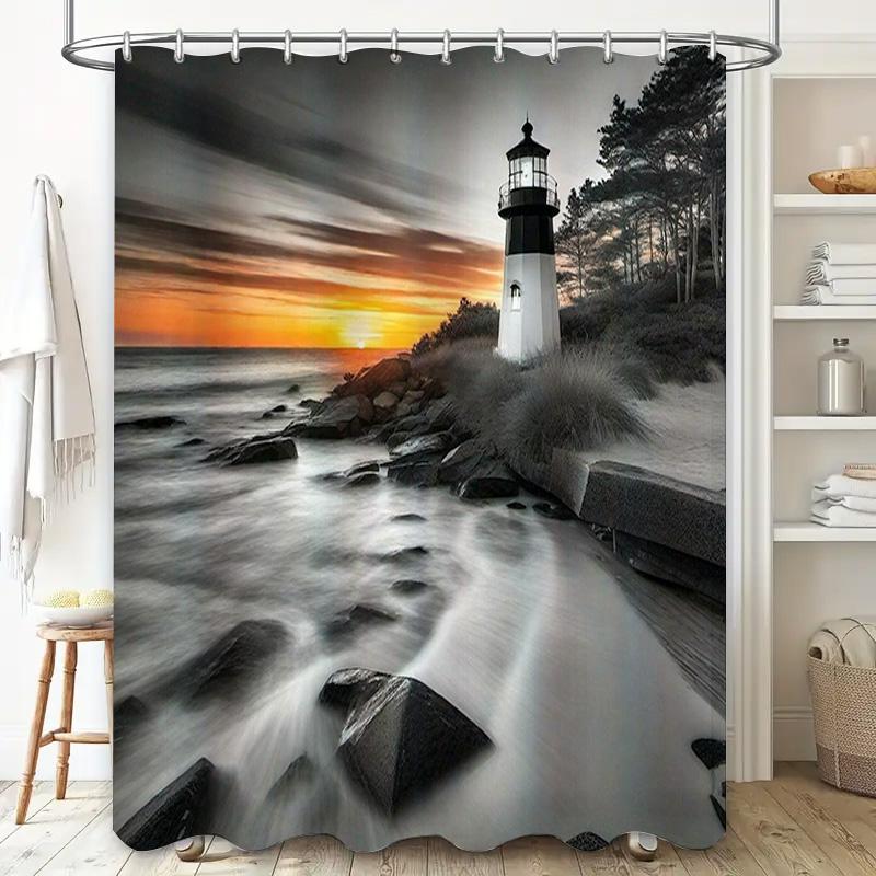 Rapid Waterfall Light House Shower Curtain Modern Bathroom Decor with White Bathtub Backdrop for Home Improvement Projects in Ki