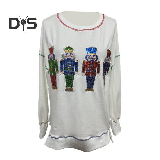 Women Sweatshirt Sequin Cartoon Pattern Slit Hem Round Neck Long Sleeves Christmas Style New Year Party Performance Top