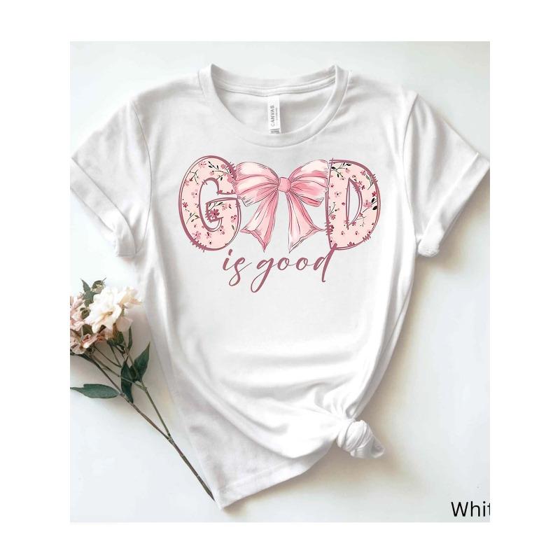 Women s White Pure - Cotton T - Shirt:  God is Good  Floral Bow Theme S