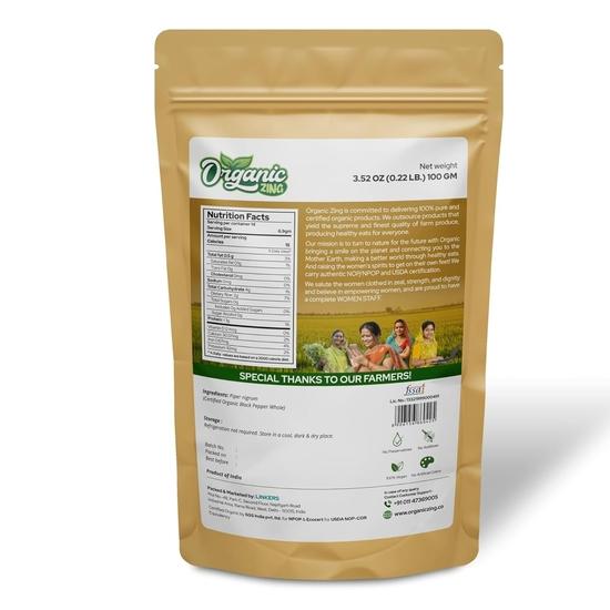 Bio Zing Schwarzer Pfeffer Ganz | Natürlich Verarbeitet und Biologisch Angebauter Schwarzer Pfeffer | Verpackt und Produziert in Indien - 100 g (Packung mit 4)