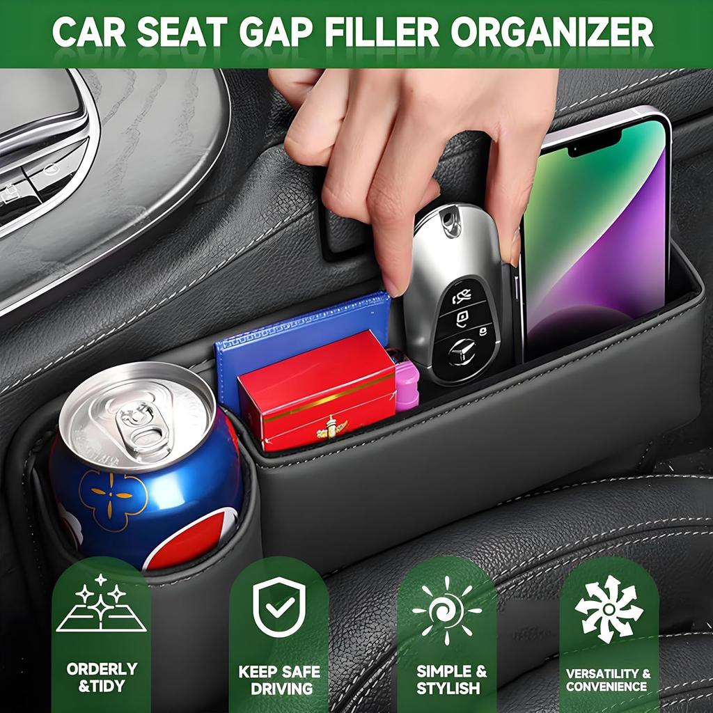 Premium Leather 2 PC Car Seat Gap Filler Organizer, Multifunctional Car Seat Organizer With Cup Holder For Drink,Car Leather Cup Holder Gap Bag Front
