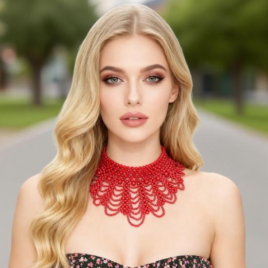 Imitation Pearl Fake Collar Necklace Hollow Design Multi Layer Detachable Collar Solid Color Dress Accessory