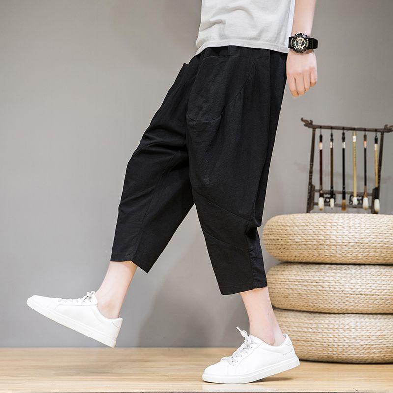 Men's Summer Loose Thin Chinese Style Linen Seven-Point Plus Size Wide-Leg Casual Harem Cotton-Linen Carrot Pants