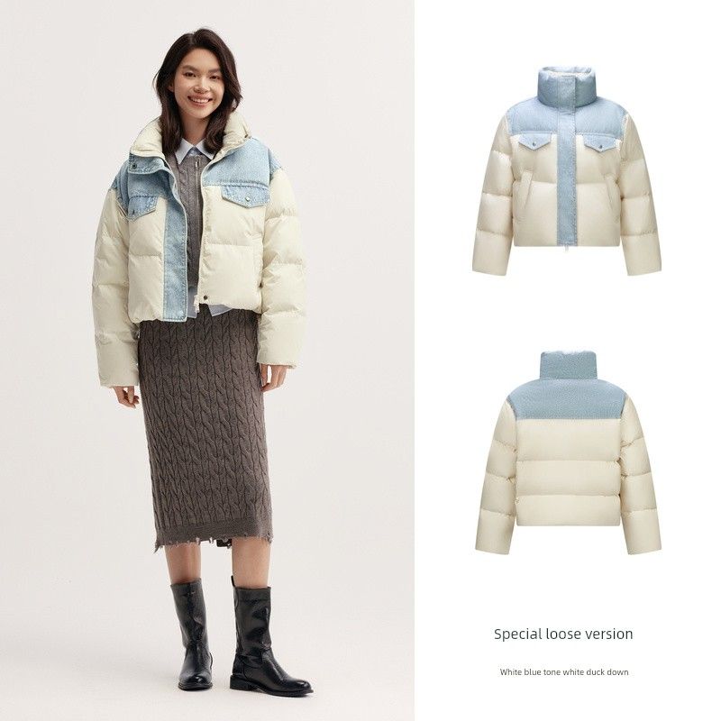

[Same Style with Mall] Senma down Jacket Female Waterproof Patchwork Oversize Stand Collar 2024 New Arrival Winter Coat Trendy Cool White blue tone (white duck down) 00318 L