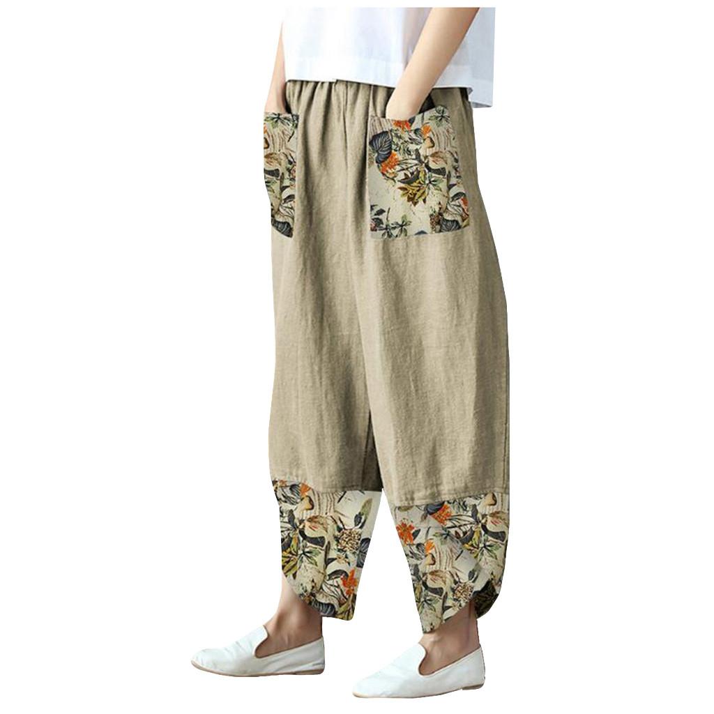 Women Casual Cotton Linen Print Patchwork  Irregular Loose Wide Leg Pants