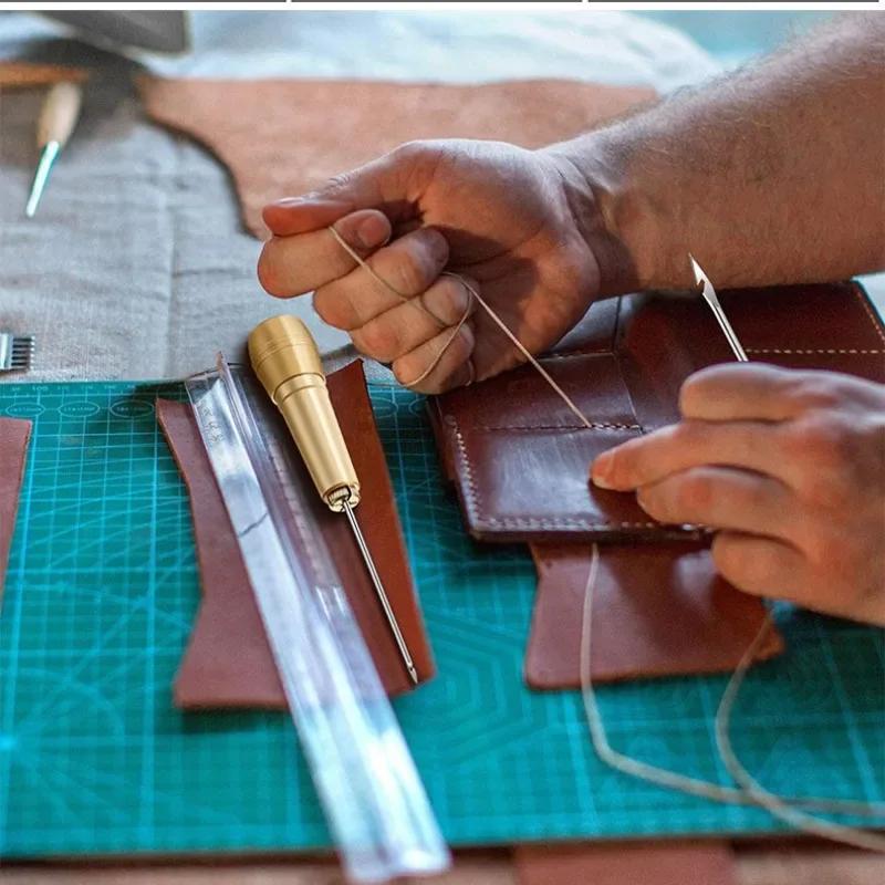 Leather Sewing Kit DIY Leather Sewing Awl Needle with Copper Handle Set Leather Canvas Tent Shoes Repairing Tool Nylon Thread