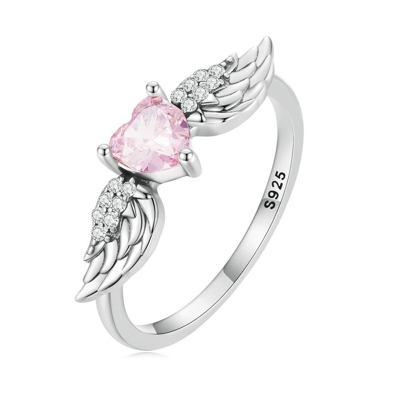 BAMOER 925 Silver Angel Wing Ring for Women Retro Feather Pink Heart Zircon Eternity Band Ring Anniversary Jewelry Gift