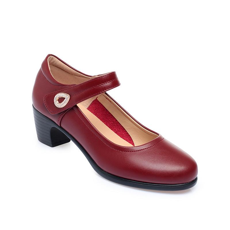 Women Fashion Round Toe Solid  PU Leather Comfort Spring Office Square Heel Pumps Classic Black Soft Bottom Single Shoes