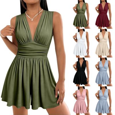 Women Sleeveless Deep V Neck Waist Cinched Wide Leg Romper Casual Summer Jumpsuit Short Pants
