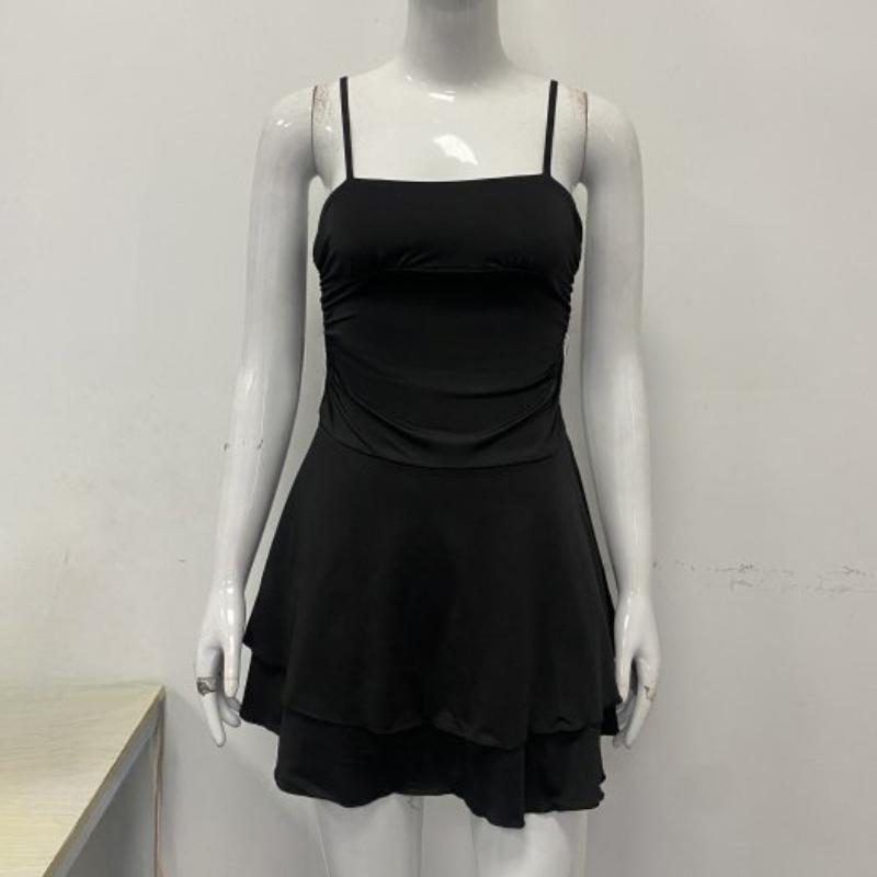 

Европейское и американское летнее однотонное облегающее платье-майка с двухслойным подолом и открытой спиной XL чёрный