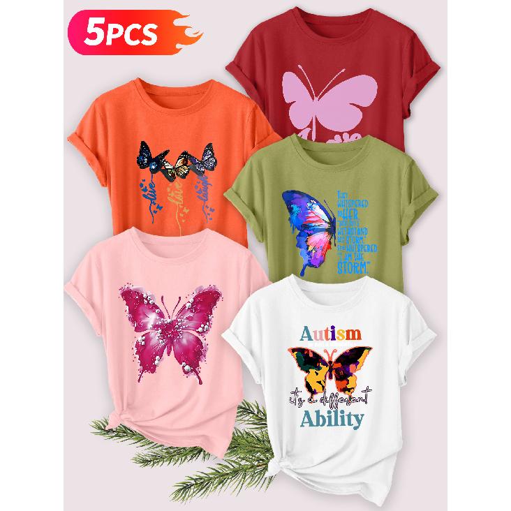 Five-piece set Elegant short-sleeved shirt for women Inspirational Butterfly Print Round Neck Women's Casual Sportswear T Shirt Suitable for spring