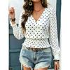 Loose V Neck Polka Dot Print Long Sleeve Casual Women T Shirt