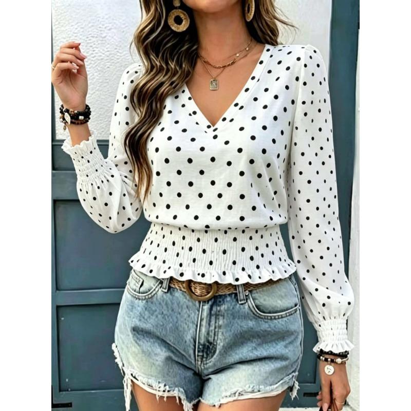 Loose V Neck Polka Dot Print Long Sleeve Casual Women T Shirt