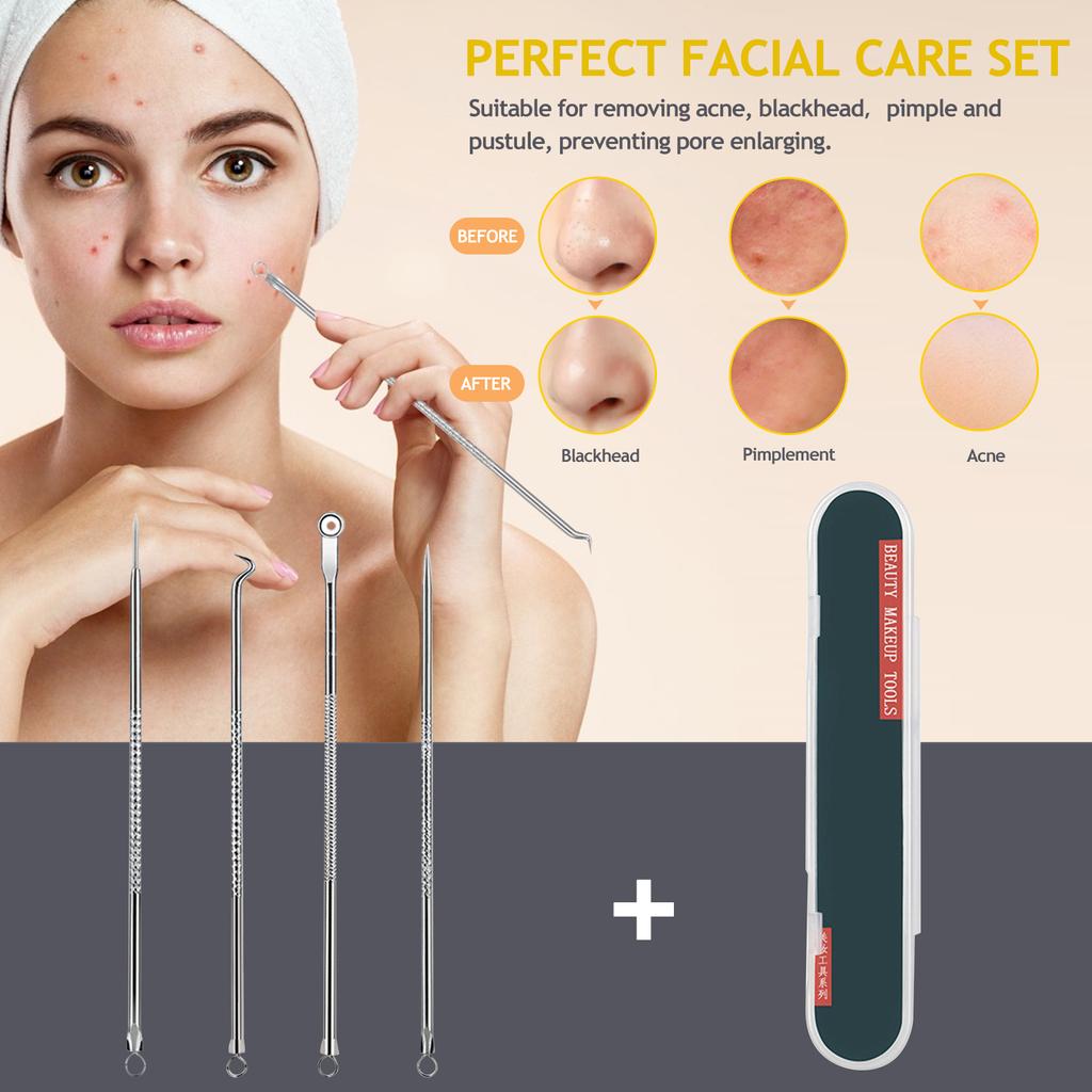 4PCS Stainless Steel Removal Kit Blackhead Remover Facial Pimple Comedone Needle