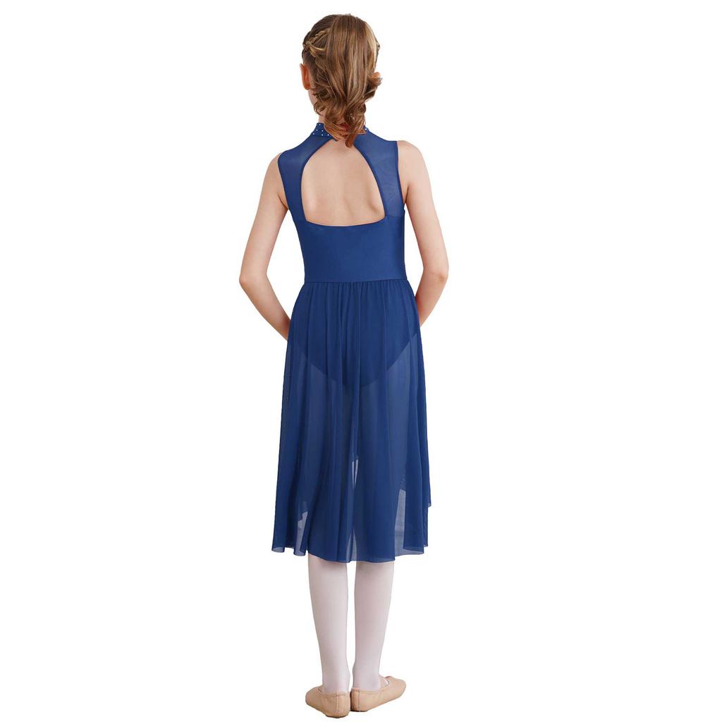 Girls Rhinestone Lyrical Modern Dance Dress Sleeveless Back Hollow High Low Hem Built In Briefs Dance Leotard Dress for Kids