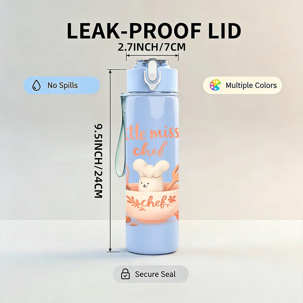 1PC Little Miss Chef Letter Graphic 750ml Color Plastic Sports Water Bottle Leakproof Flip Straw Lid For Sports Office Home Use