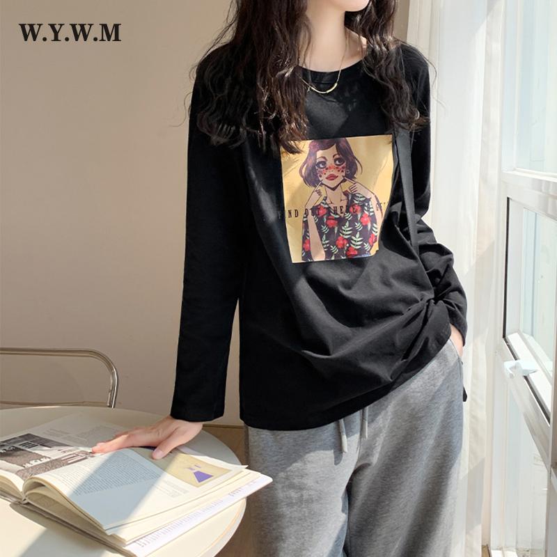 

WYWM свободная милая футболка с принтом персонажей мультфильма женская весенняя новая корейская модная футболка с длинным рукавом женские универсальные топы в стиле Харадзюку